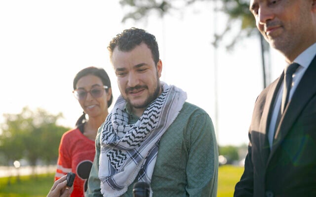 Anti-Israel, pro-Palestinian activist Mahmoud Khalil, center, speaks after his release from federal immigration detention in Jena, Louisiana, June 20, 2025. (AP Photo/Matthew Hinton)