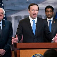 (From left:) Sen. Bernie Sanders, I-Vt., Sen. Chris Murphy, D-Conn., and Rep. Ro Khanna, D-Calif., speak to reporters on Capitol Hill in Washington, April 4, 2019. (AP/J. Scott Applewhite)