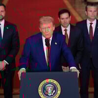 US President Donald Trump speaks from the East Room of the White House in Washington, Saturday, June 21, 2025, after the U.S. military struck three Iranian nuclear and military sites, directly joining Israel's effort to decapitate the country's nuclear program, as Vice President JD Vance, Secretary of State Marco Rubio and Defense Secretary Pete Hegseth listen. (Carlos Barria/Pool via AP)