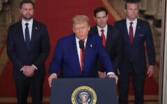 US President Donald Trump speaks from the East Room of the White House in Washington, Saturday, June 21, 2025, after the U.S. military struck three Iranian nuclear and military sites, directly joining Israel's effort to decapitate the country's nuclear program, as Vice President JD Vance, Secretary of State Marco Rubio and Defense Secretary Pete Hegseth listen. (Carlos Barria/Pool via AP)