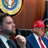 President Donald Trump, right, and Vice President JD Vance sit in the Situation Room, June 21, 2025, at the White House in Washington. (The White House via AP)