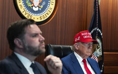 President Donald Trump, right, and Vice President JD Vance sit in the Situation Room, June 21, 2025, at the White House in Washington. (The White House via AP)