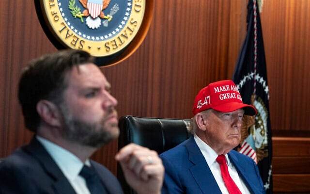 President Donald Trump, right, and Vice President JD Vance sit in the Situation Room, June 21, 2025, at the White House in Washington. (The White House via AP)