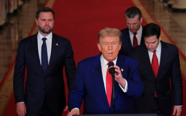 US President Donald Trump speaks from the East Room of the White House in Washington, with Vice President JD Vance, left, after the US military struck three Iranian nuclear and military sites, June 22, 2025. (Carlos Barria/Pool via AP) US President Donald Trump speaks from the East Room of the White House in Washington, with Vice President JD Vance, left, after the US military struck three Iranian nuclear and military sites, June 22, 2025. (Carlos Barria/Pool via AP)