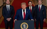 US President Donald Trump speaks from the East Room of the White House in Washington, June 21, 2025, after the US military struck three Iranian nuclear and military sites, as Vice President JD Vance, Secretary of State Marco Rubio and Defense Secretary Pete Hegseth listen. (Carlos Barria/Pool via AP)