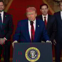 US President Donald Trump speaks from the East Room of the White House in Washington, June 21, 2025, after the US military struck three Iranian nuclear and military sites, as Vice President JD Vance, Secretary of State Marco Rubio and Defense Secretary Pete Hegseth listen. (Carlos Barria/Pool via AP)
