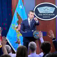 US Defense Secretary Pete Hegseth calls on reporters for questions during a news conference at the Pentagon in Washington, June 22, 2025. (AP/Alex Brandon)