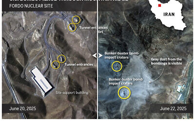 This graphic image compares Iran's Fordo nuclear facility before and after the United States bombed the site on June 22, 2025. (AP Graphic)