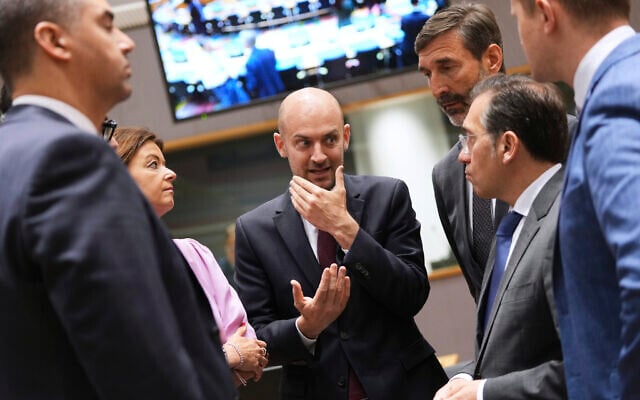 French Foreign Minister Jean-Noel Barrot, center, speaks with, from left, Malta's Foreign Minister Ian Borg, Slovenia's Foreign Minister Tanja Fajon, Slovakia's Foreign Minister Juraj Blanar and Spain's Foreign Minister Jose Manuel Albares Bueno during a meeting of EU foreign ministers at the European Council building in Brussels, Belgium, June 23, 2025. (AP Photo/Virginia Mayo) French Foreign Minister Jean-Noel Barrot, center, speaks with, from left, Malta's Foreign Minister Ian Borg, Slovenia's Foreign Minister Tanja Fajon, Slovakia's Foreign Minister Juraj Blanar and Spain's Foreign Minister Jose Manuel Albares Bueno during a meeting of EU foreign ministers at the European Council building in Brussels, Belgium, June 23, 2025. (AP Photo/Virginia Mayo)
