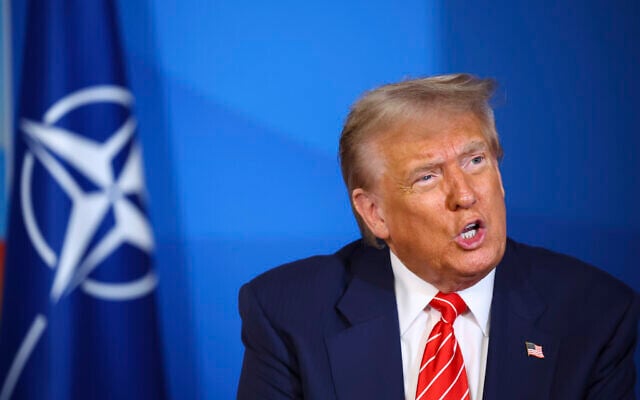 US President Donald Trump speaks at a NATO summit in The Hague, Netherlands, June 25, 2025. (Piroschka Van De Wouw, Pool Photo via AP)