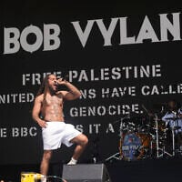 The Bob Vylan duo performs at the Glastonbury Festival, June 28, 2025. (Yui Mok/PA via AP)
