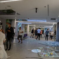 The aftermath of an Iranian missile strike on Beersheba's Soroka Medical Center, June 19, 2025 (Emanuel Fabian/Times of Israel)