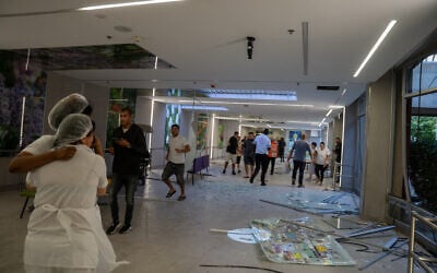 The aftermath of an Iranian missile strike on Beersheba's Soroka Medical Center, June 19, 2025 (Emanuel Fabian/Times of Israel)