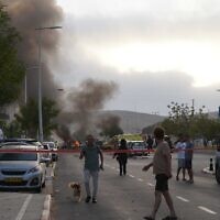 The scene of an Iranian ballistic missile impact in the southern city of Beersheba, June 20, 2025. (Emanuel Fabian/Times of Israel)
