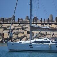 A sailing boat chartered by Israel's Sailor Yacht Club, returning Israelis stranded in Cyprus to Herzliya, June 23, 2025. (Stav Levaton/Times of Israel)