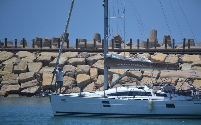 A sailing boat chartered by Israel's Sailor Yacht Club, returning Israelis stranded in Cyprus to Herzliya, June 23, 2025. (Stav Levaton/Times of Israel)