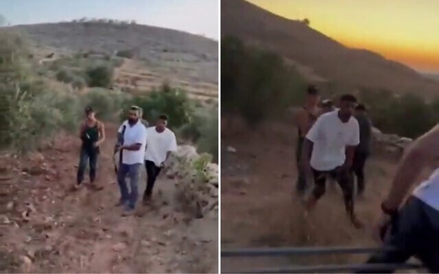 Screen grabs from footage published by Palestinian news sites allegedly shows armed settlers expelling Palestinian farmers from their fields, in the village of Shuqba, near Ramallah, June 28, 2025. (X; used in accordance with Clause 27a of the Copyright Law) (edited) Screen grabs from footage published by Palestinian news sites allegedly shows armed settlers expelling Palestinian farmers from their fields, in the village of Shuqba, near Ramallah, June 28, 2025. (X; used in accordance with Clause 27a of the Copyright Law) (edited)