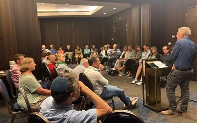 ToI Founding Editor David Horovitz talks with the group in Jerusalem