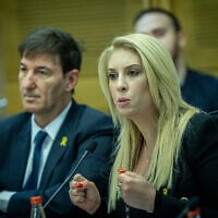 MK Shelly Tal Meron leads the lobby for releasing the remaining hostages in the Gaza Strip, at the Knesset in Jerusalem, January 9, 2024. (Yonatan Sindel/Flash90)