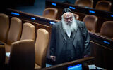 United Torah Judaism chairman Yitzchak Goldknopf in the Knesset plenum, May 13, 2025. (Yonatan Sindel/Flash90)
