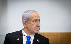 Prime Minister Benjamin Netanyahu at the Tel Aviv District Court before the start of his testimony in his trial, June 3, 2025. (Chaim Goldberg/Flash90)