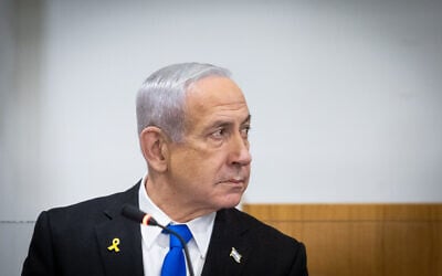 Prime Minister Benjamin Netanyahu at the Tel Aviv District Court before the start of his testimony in his trial, June 3, 2025. (Chaim Goldberg/Flash90)