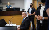 Prime Minister Benjamin Netanyahu at the Tel Aviv District Court before the start of his cross-examination in his trial, June 3, 2025. (Chaim Goldberg/Flash90)