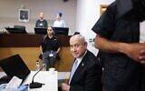 Prime Minister Benjamin Netanyahu sits at the Tel Aviv District Court before the start of his cross-examination in the criminal trial against him, June 4, 2025 (Moti Milrod/POOL)