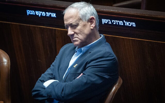 National Unity party leader Benny Gantz attends a Knesset plenum session in Jerusalem, June 4, 2025. (Yonatan Sindel/Flash90)