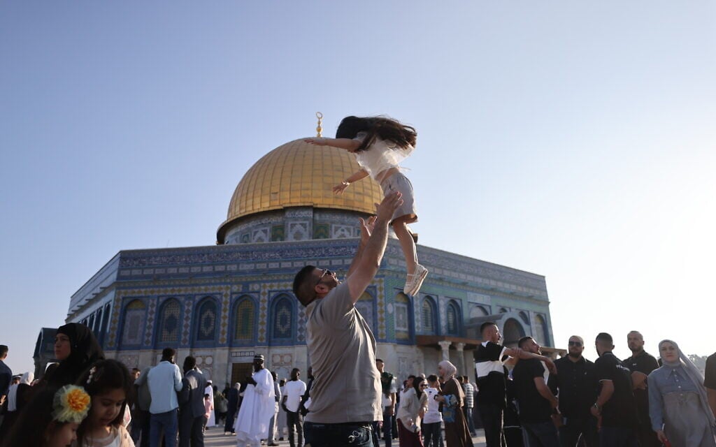 People celebrate the Muslim holiday of Eid al-Adha during prayers at the Al-Aqsa Mosque in Jerusalem's Old City, June 6, 2025. (Jamal Awad/Flash90)