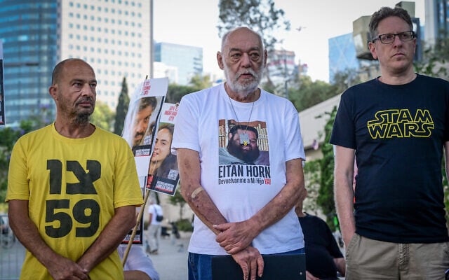 Itzik Horn (C), rather of captive Eitan Horn, and relatives of other Israeli hostages in Gaza hold a press conference outside the Kirya military base in Tel Aviv on June 7, 2025. (Avshalom Sassoni/Flash90) Itzik Horn (C), rather of captive Eitan Horn, and relatives of other Israeli hostages in Gaza hold a press conference outside the Kirya military base in Tel Aviv on June 7, 2025. (Avshalom Sassoni/Flash90)