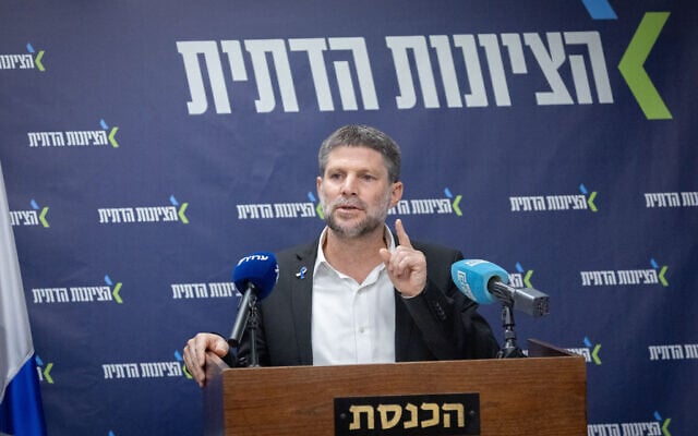 Minister of Finance and Head of the Religious Zionist Party Bezalel Smotrich leads a faction meeting at the Knesset in Jerusalem, June 9, 2025. (Chaim Goldberg/Flash90) Minister of Finance and Head of the Religious Zionist Party Bezalel Smotrich leads a faction meeting at the Knesset in Jerusalem, June 9, 2025. (Chaim Goldberg/Flash90)