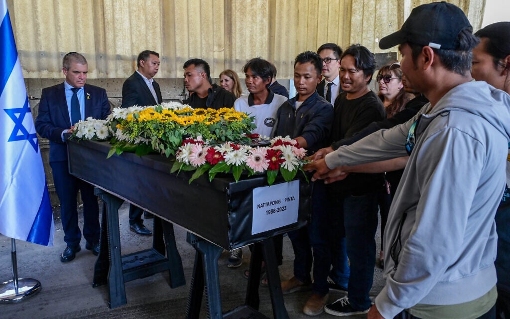 A ceremony is held as the coffin of Thai national Nattapong Pinta, whose body was returned from Hamas captivity in the Gaza Strip, departs for Thailand, outside Ben Gurion Airport near Tel Aviv, June 10, 2025. (Avshalom Sassoni/ Flash90) A ceremony is held as the coffin of Thai national Nattapong Pinta, whose body was returned from Hamas captivity in the Gaza Strip, departs for Thailand, outside Ben Gurion Airport near Tel Aviv, June 10, 2025. (Avshalom Sassoni/ Flash90)