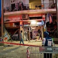 The scene where a ballistic missile fired from Iran hit and caused damage in Tel Aviv, June 16, 2025. (Erik Marmor/Flash90)