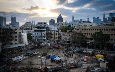 The scene where a ballistic missile fired from Iran hit and caused damage in Tel Aviv, June 16, 2025. (Erik Marmor/Flash90)