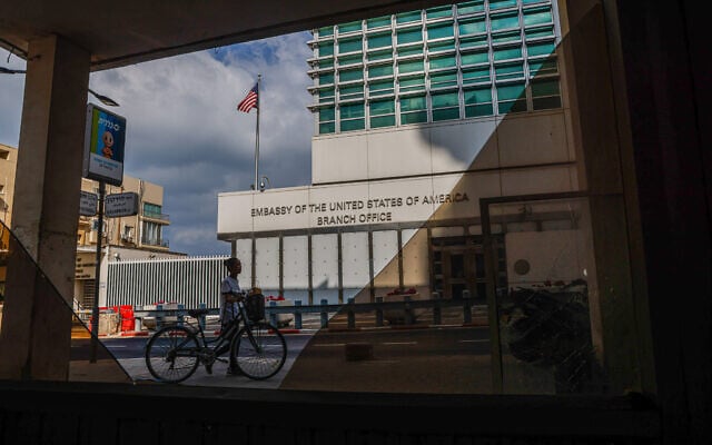 View of the U.S. Embassy Branch Office in Tel Aviv after a ballistic missile fired from Iran hit and caused damage in Tel Aviv, June 16, 2025. (Yehoshua Yosef/Flash90)