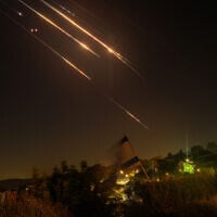 Israeli air defense systems fire to intercept missiles during an Iranian attack, as seen near the border with Lebanon June 18, 2025. (Ayal Margolin/Flash90)
