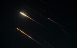Anti-missile interceptors are seen in the sky above northern Israel amid an Iranian ballistic missile attack, June 18, 2025. (Ayal Margolin/Flash90)