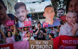 Relatives of Israelis held hostage by Hamas terrorists in Gaza and supporters protest for their release, outside the Likud party's headquarters in Tel Aviv, June 21, 2025. (Erik Marmor/Flash90)