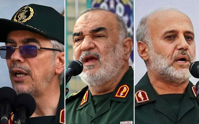 (L) Chief of the General Staff of Iran's Armed Forces Gen. Mohammad Hossein Bagheri near Tehran, Iran, Sept. 22, 2022. (AP Photo/Vahid Salemi) (C) Head of Iranian revolutionary guard corps (IRGC) Hossein Salami in Tehran on May 15, 2025. (AFP) and (R) head of the Khatam-al Anbiya Central Headquarters, Gholam Ali Rashid (Tasnim News)