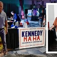 A Kennedy MAHA booth was present at the Independent National Convention in Denver, Colorado, on Sept. 19, 2024. (Hyoung Chang/The Denver Post via Getty Images/JTA); Inset: Leland Lehrman attends the Roni Willett And Walid Layadi-Marfouk Host UN General Assembly Exhibition Africa House Second Generations Closing Reception at Africa House on September 27, 2018 in New York City. (Jared Siskin/Patrick McMullan via Getty Images/JTA)