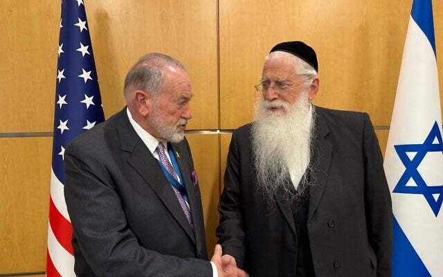 US Ambassador to Israel Mike Huckabee meets with Jerusalem Affairs Minister Meir Porush on June 5, 2025. (Courtesy) US Ambassador to Israel Mike Huckabee meets with Jerusalem Affairs Minister Meir Porush on June 5, 2025. (Courtesy)