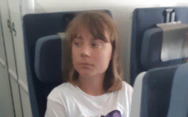 Anti-Israel, pro-Palestinian activist Greta Thunberg seen on an El Al plane as she is deported from Israel after trying to reach the Gaza Strip in a protest flotilla, June 10, 2025. (Israel Foreign Ministry)