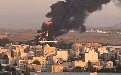 An Iranian refueling plane is seen on fire at Mashhad Airport in northeast Iran following an Israeli strike on June 15, 2025. (Social media: used in accordance with Clause 27a of the Copyright Law)