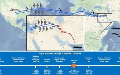 A Pentagon graphic detailing the route and timetable of the June 20, 2025, US strikes on Iran's Fordo, Natanz, and Isfahan nuclear sites. (Pentagon)