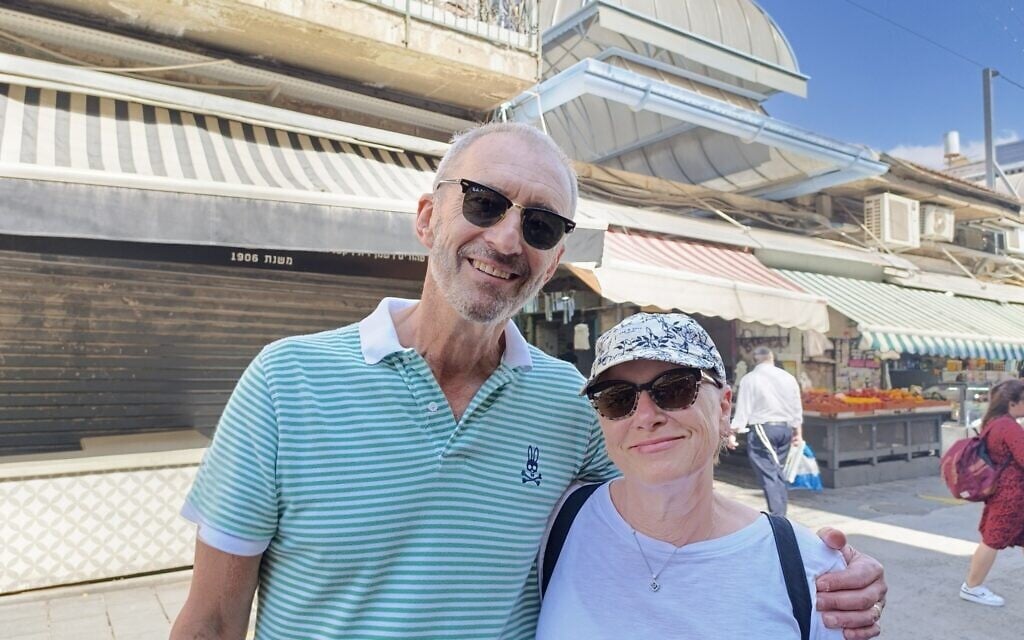 Victor and Susan Schmelzer at the Mahane Yehuda market in Jerusalem, June 24, 2025 (Zev Stub/Times of Israel) Victor and Susan Schmelzer at the Mahane Yehuda market in Jerusalem, June 24, 2025 (Zev Stub/Times of Israel)