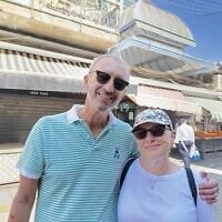 Victor and Susan Schmelzer at the Mahane Yehuda market in Jerusalem, June 24, 2025 (Zev Stub/Times of Israel)