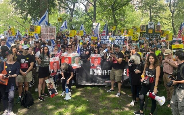 A rally for the release of Israeli hostages held in Gaza, in Central Park, New York City, June 8, 2025. (Luke Tress/Times of Israel)