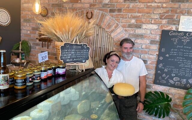 Nelia and Gregory Shaver of Grineli Cheeses, their boutique cheesemaking business that they opened in the Golan Heights on October 6, 2023, the day before the October 7 Hamas attack (Jessica Steinberg/Times of Israel)