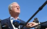Jürgen Elsässer, editor-in-chief of the far-right German magazine Compact, speaks to reporters in front of the Federal Administrative Court in Leipzig, Germany. (Elisa Schu/picture alliance via Getty Images, via JTA)